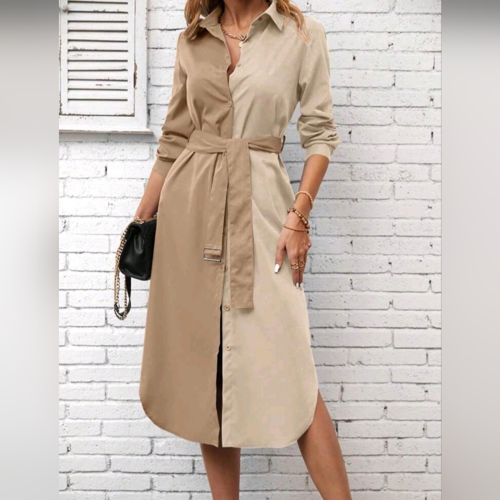 Two-Tone Curved Hem Belted Shirt Dress
